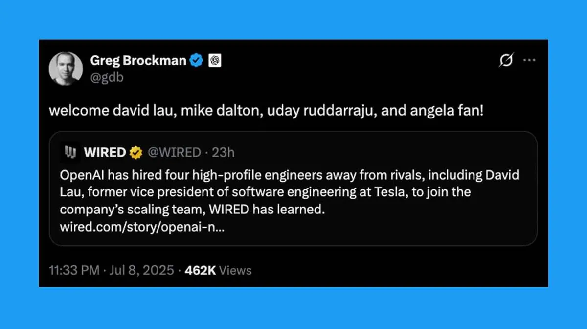 Twitteri säuts sinise taustaga. Greg Brockman tervitab David Lauc, Mike Daltonit, Uday Ruddaraju't ja Angela Fan'i. Säuts sisaldab ka WIRED-i postitust, mis räägib, et OpenAI palkas neli tippinseneri, sealhulgas David Lau, endine Tesla tarkvarainseneri asepresident. Postituse all on kuupäev ja vaatamiste arv.