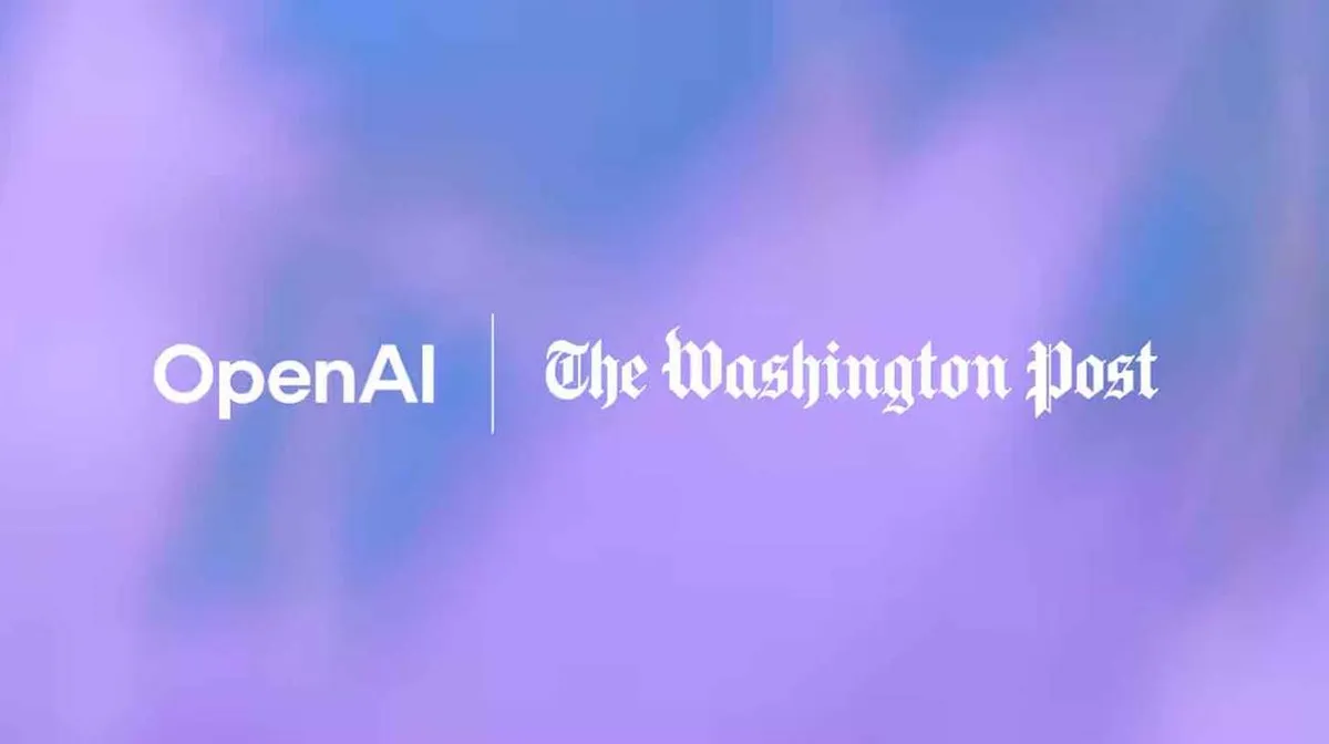 Pildil on lillal taustal valge tekst 'OpenAI' ja 'The Washington Post', eraldatud vertikaalse joonega.