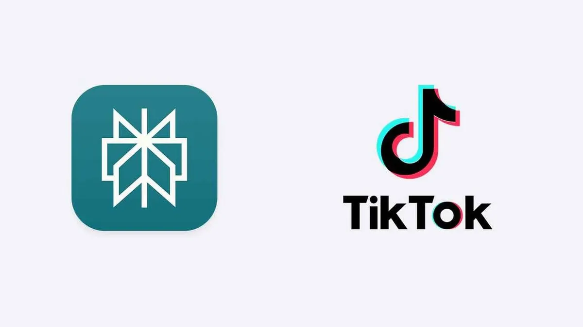 Vasakul on stiliseeritud valge joonistusega märk türkiissinisel taustal. Paremal on TikToki logo koos musta tekstiga 'TikTok'.