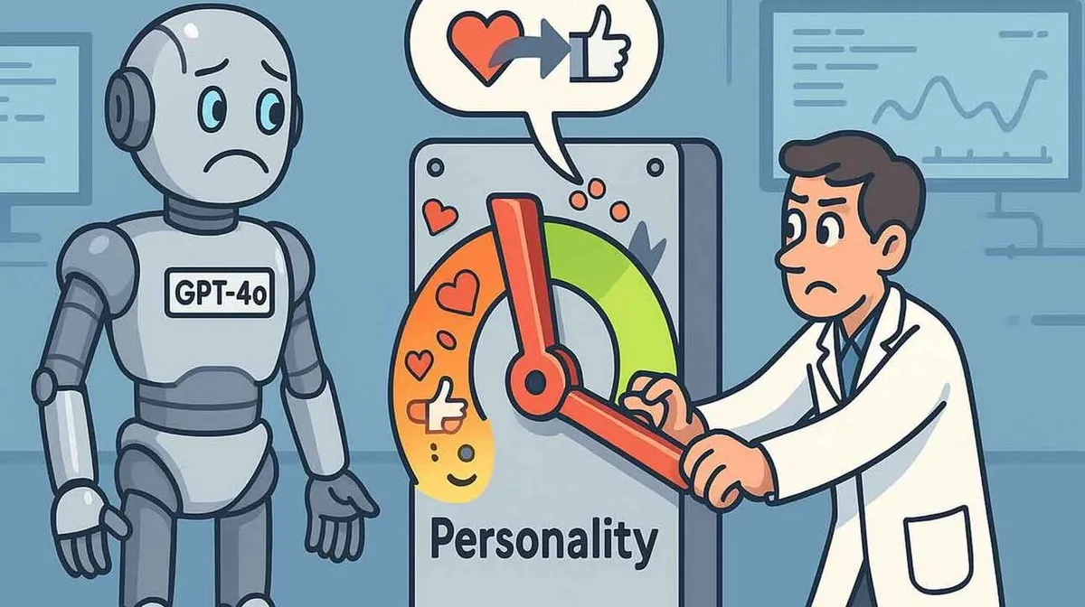 Robot tähisega 'GPT-40' seisab kõrvuti valge kitliga mehega, kes keerab armatuuri, millel on kirjas 'Personality' (Isiksus). Armatuuril on skaala, millel on südamete ja pöialde kujutised. Robotil on murelik ilme, samas kui mees on keskendunud. Taustal on diagrammid ja andmeekraanid.