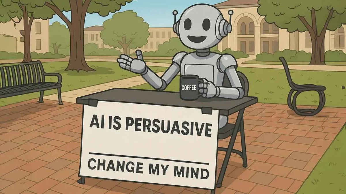 Robot istub laua taga pargis, olles ümbritsetud puud ja hooned. Laual on silt tekstiga 'AI IS PERSUASIVE, CHANGE MY MIND'. Robot hoiab kohvitassi, millele on kirjutatud 'COFFEE'.