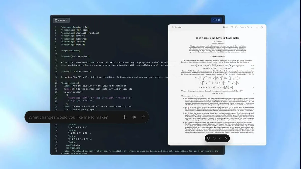 A computer screen with a two-pane view. On the left is an open text editor showing LaTeX code. On the right is a document containing the title 'Why there is no Love in black holes' along with mathematical formulas and text. At the bottom of the screen is a text box with the question 'What changes would you like me to make?'. The background has a blue gradient.