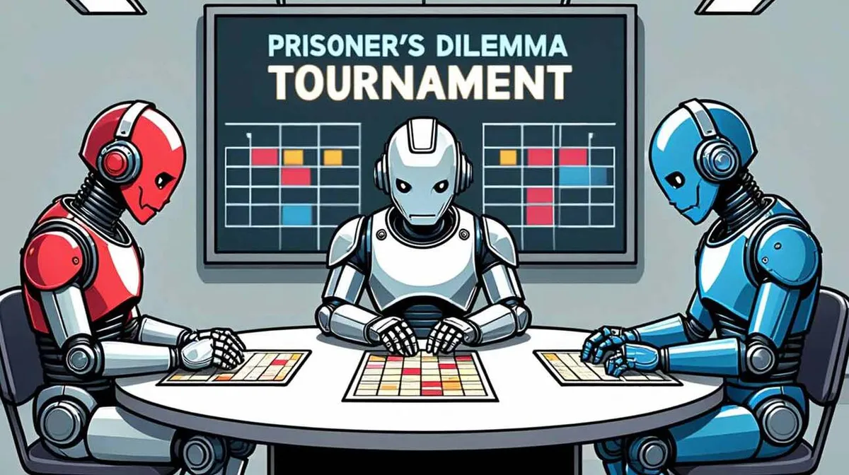 Kolm humanoidset robotit istuvad ümmarguse laua ümber, igaühel ees mängulaud. Taga oleval ekraanil on tekst 'PRISONER'S DILEMMA TOURNAMENT' ja värvilised graafikud. Vasakul on punane robot, keskel valge ja paremal sinine robot.