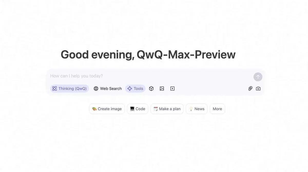 Ekraanipilt, millel on tekst 'Good evening, QwQ-Max-Preview'. All on otsingukast küsimusega 'How can I help you today?' ning valikud 'Thinking (QwQ)', 'Web Search' ja 'Tools'. Allpool on erinevad ikoonid märgistega 'Create image', 'Code', 'Make a plan', 'News' ja 'More'.