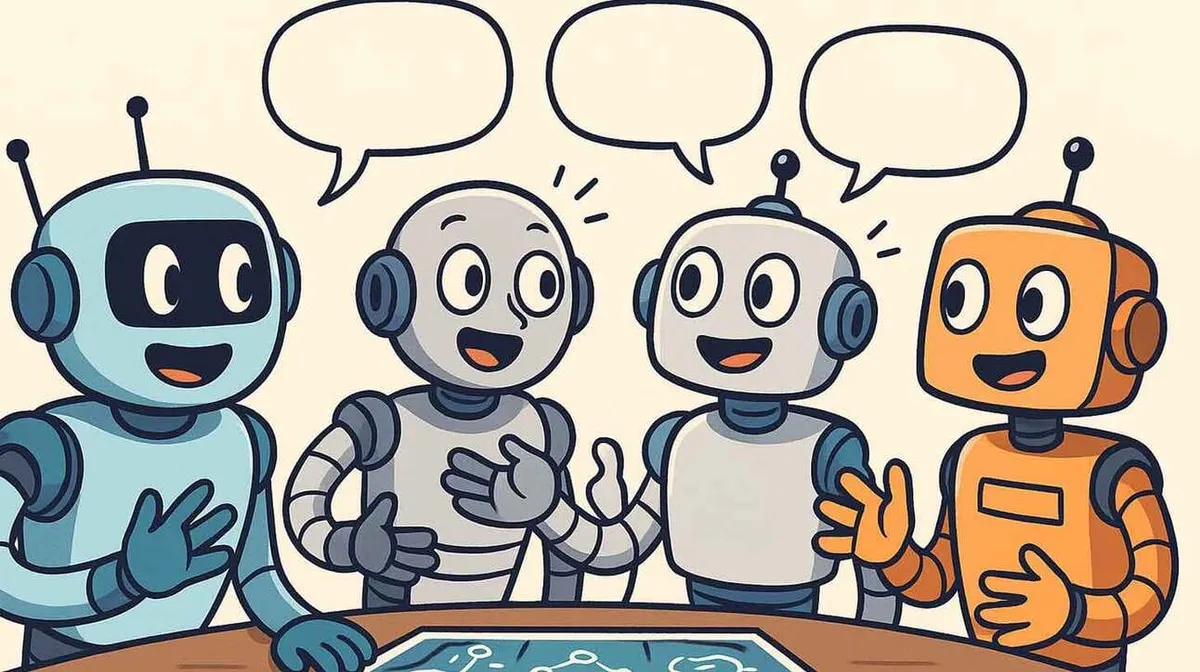 Neli multikaliku välimusega robotit istuvad laua ümber ja räägivad omavahel. Neil on naerusuised näod ja nende kohal on jutumullid. Robotid on erinevat värvi: sinine, kaks halli ja oranž. Laual on nähtav kaart või diagramm.