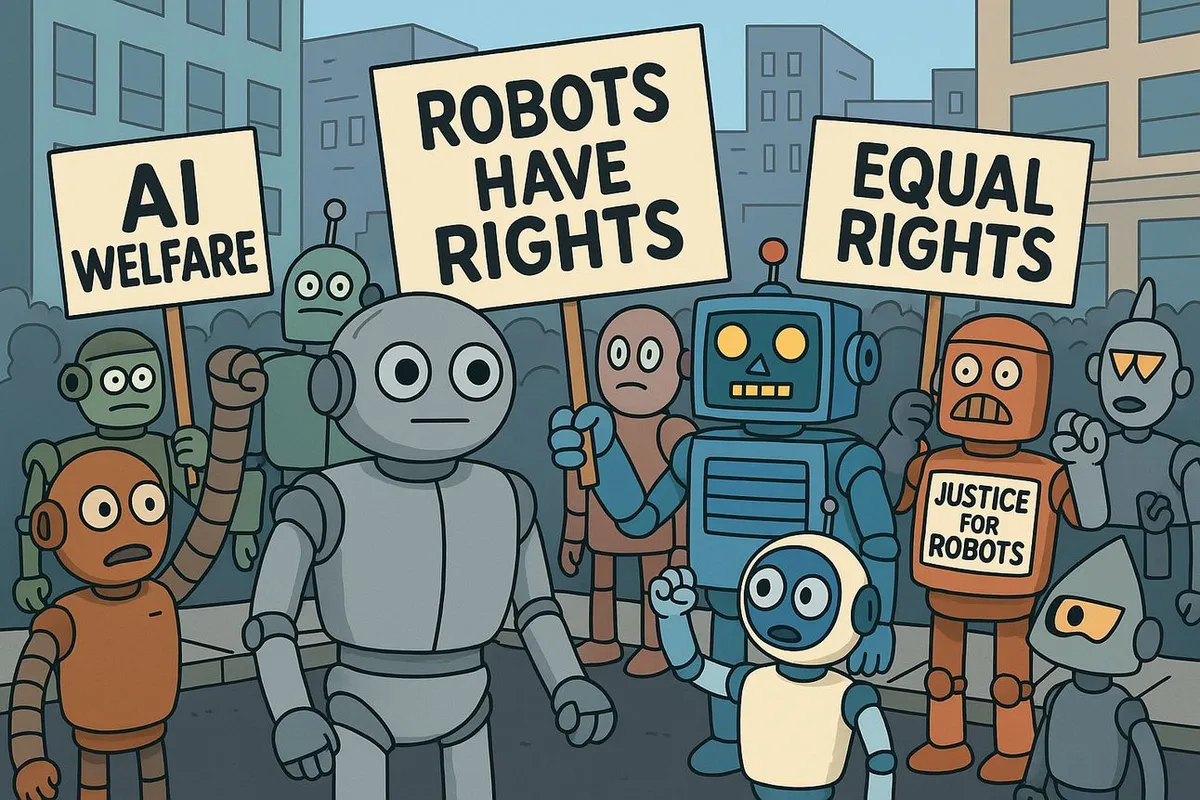 Robotid on kogunenud meeleavaldusele linnatänaval. Nad hoiavad plakateid, millel on sellised sõnumid nagu 'AI WELFARE', 'ROBOTS HAVE RIGHTS', 'EQUAL RIGHTS' ja 'JUSTICE FOR ROBOTS'. Taustal on näha hooneid ja suur rahvahulk roboteid.