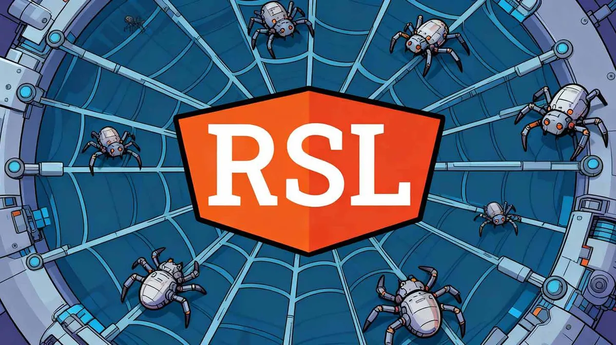 Pildi keskel on punane kolmnurkne kilp, mille peal on valged suured tähed 'RSL'. Kilpi ümbritsevad mitu halli robotiämblikut, mis asetsevad sinisel taustal.