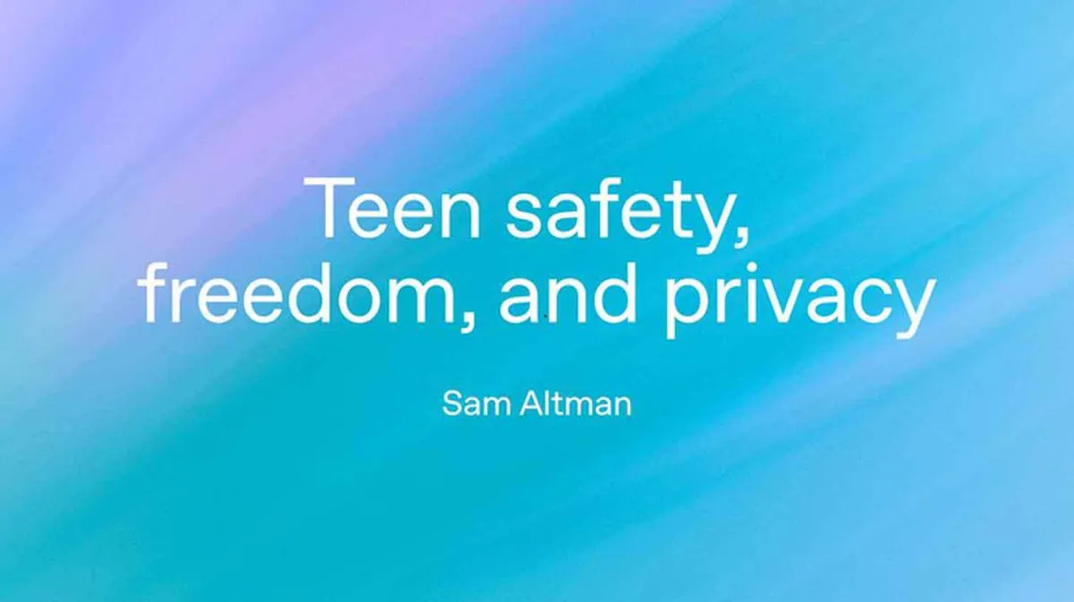 Lilla ja sinisega taustal on valge tekst 'Teen safety, freedom, and privacy' ning 'Sam Altman'.