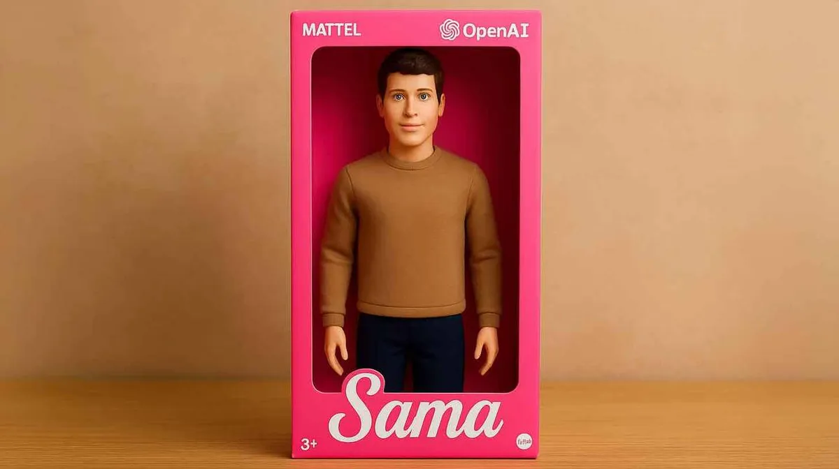 Roosas karbis nukk pruunis särgis ja tumedates pükstes. Karp on sildiga 'Sama' ning peal on kirjas 'Mattel' ja 'OpenAI'.