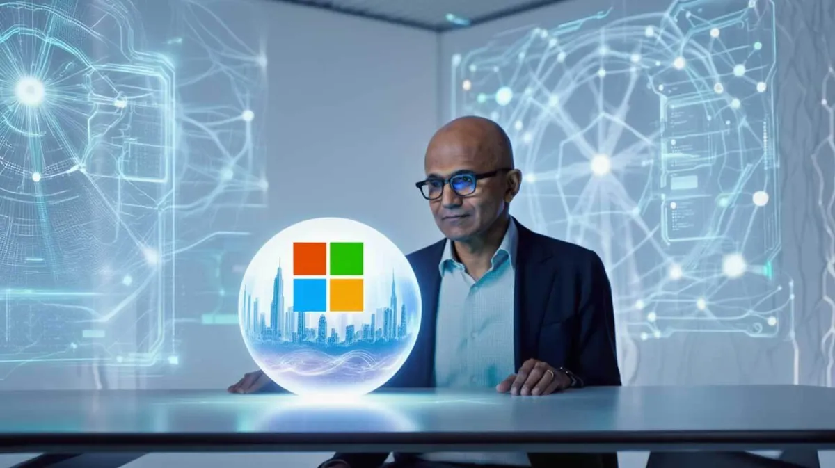 Ruumi keskel istub mees, kelle ees laual lebab helendav sfäär Microsofti logoga ja linna siluetiga. Taustal on digitaalne võrgustiku ja andmetega seinainstallatsioon.