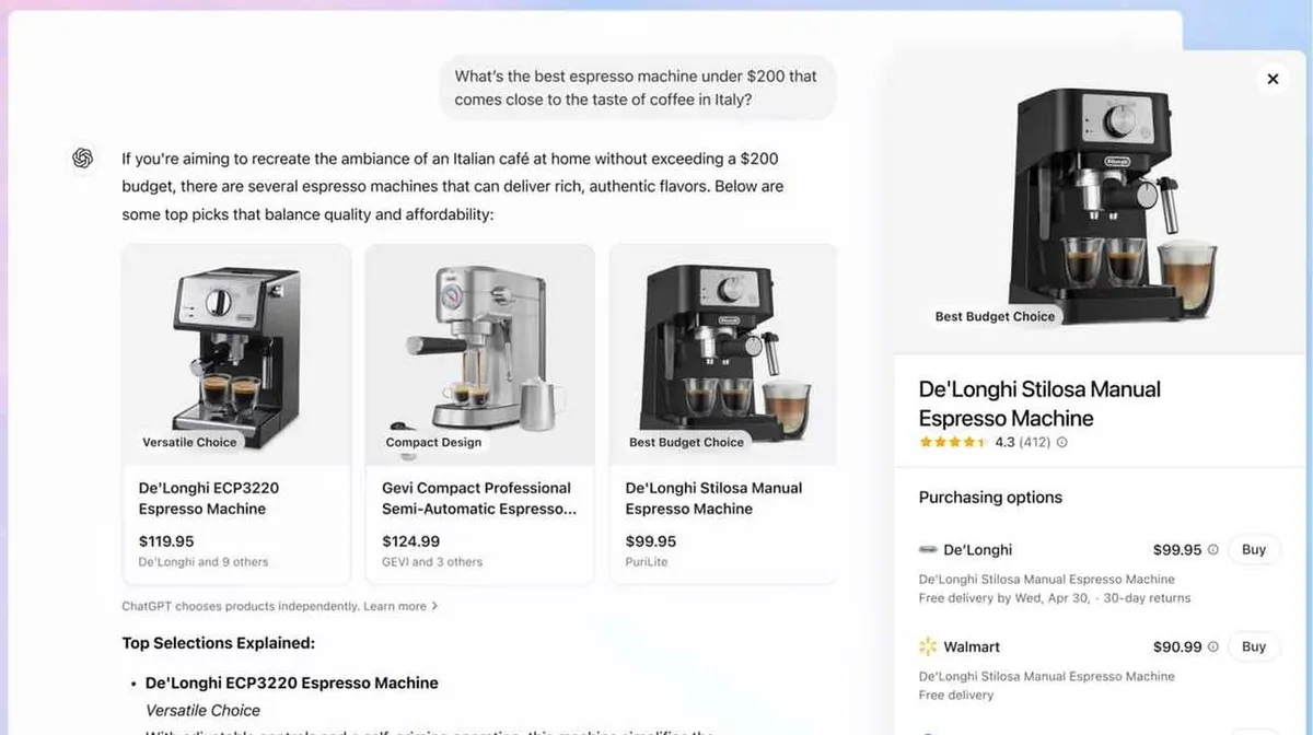 Pildil on valik espressomasinaid hinnaga alla 200 dollari. Näidatud on kolm masinat: De'Longhi ECP3220, Gevi Compact Professional ja De'Longhi Stilosa Manual. Kõrval asub tekst, mis arutleb, kuidas saavutada Itaalia kohvi maitset kodus eelarvesõbralikul viisil. Esiletõstetud on De'Longhi Stilosa kui parim soodne valik, millel on 4.3 tärni hinnang. Saadaval on erinevad ostuvõimalused ja hinnad.