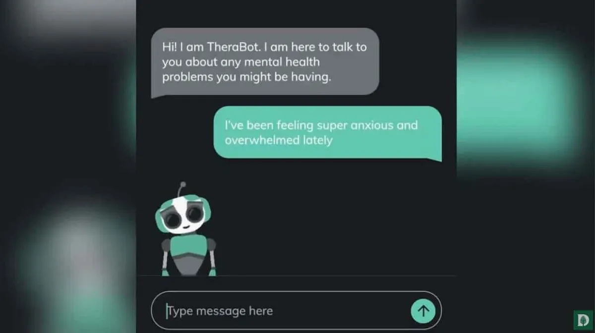 Vestluse kuvand, kus ilmub juturobot. Juturobot ütleb: 'Hi! I am TheraBot. I am here to talk to you about any mental health problems you might be having.' Kasutaja vastab: 'I've been feeling super anxious and overwhelmed lately.' Alumises osas on tühi sõnumi sisestamise väli.