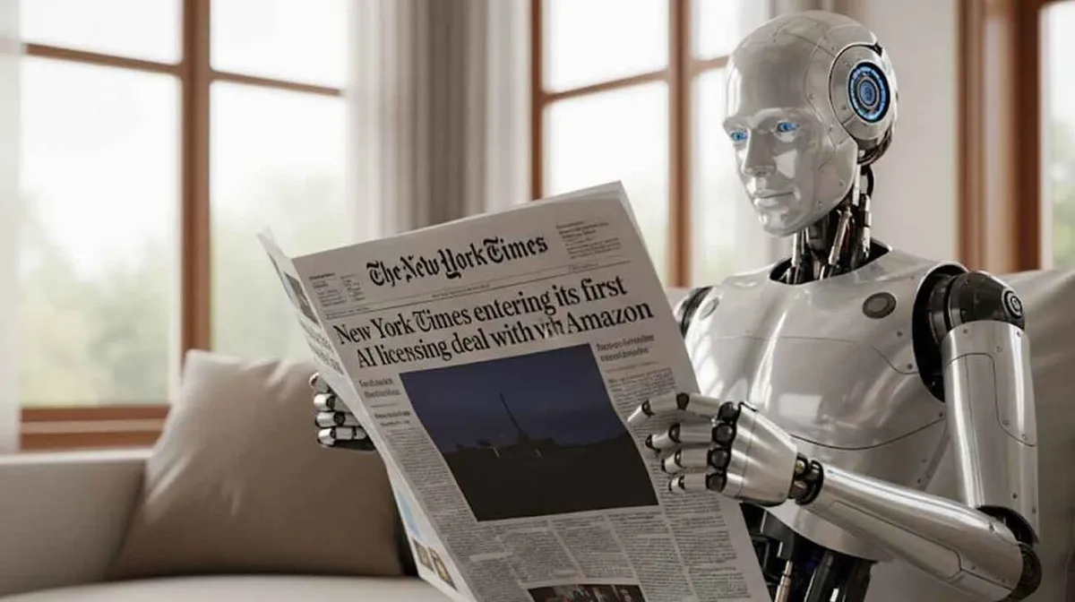 Robot loeb ajalehte elegantse kaasaegse interjööri taustal; ajalehe päisel on 'The New York Times'. Akendest paistab udune maastikuvaade.