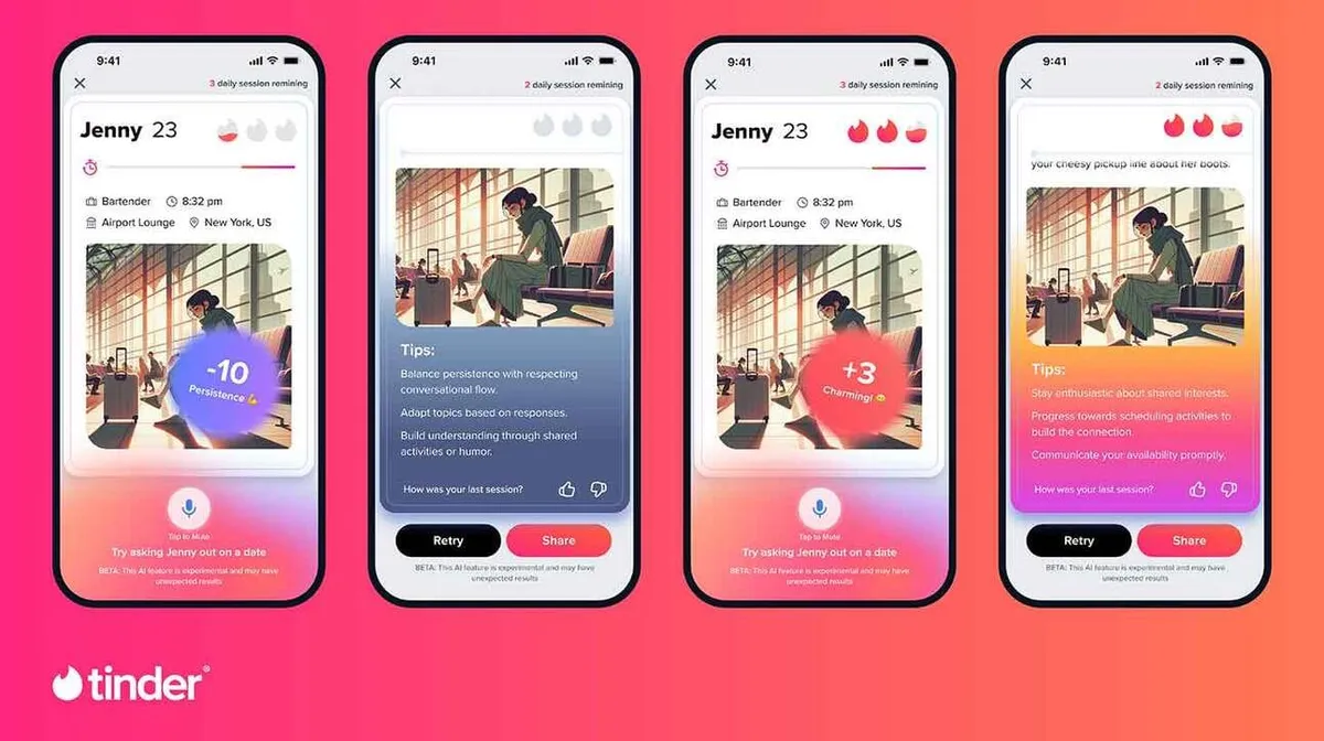Neli telefoni ekraanitõmmist, mis näitavad tutvumisrakenduse Tinder profiili. Igal ekraanil kuvatakse isikut nimega Jenny, 23. Vasakult paremale: Esimesel ekraanil on negatiivse skooriga kaart 'Persistence' (-10). Teisel ekraanil kuvatakse näpunäiteid vestluse voolu parandamiseks. Kolmandal ekraanil on positiivse skooriga kaart 'Charming' (+3). Neljandal ekraanil on näpunäited ühiste huvide jagamiseks. Taust on roosa.