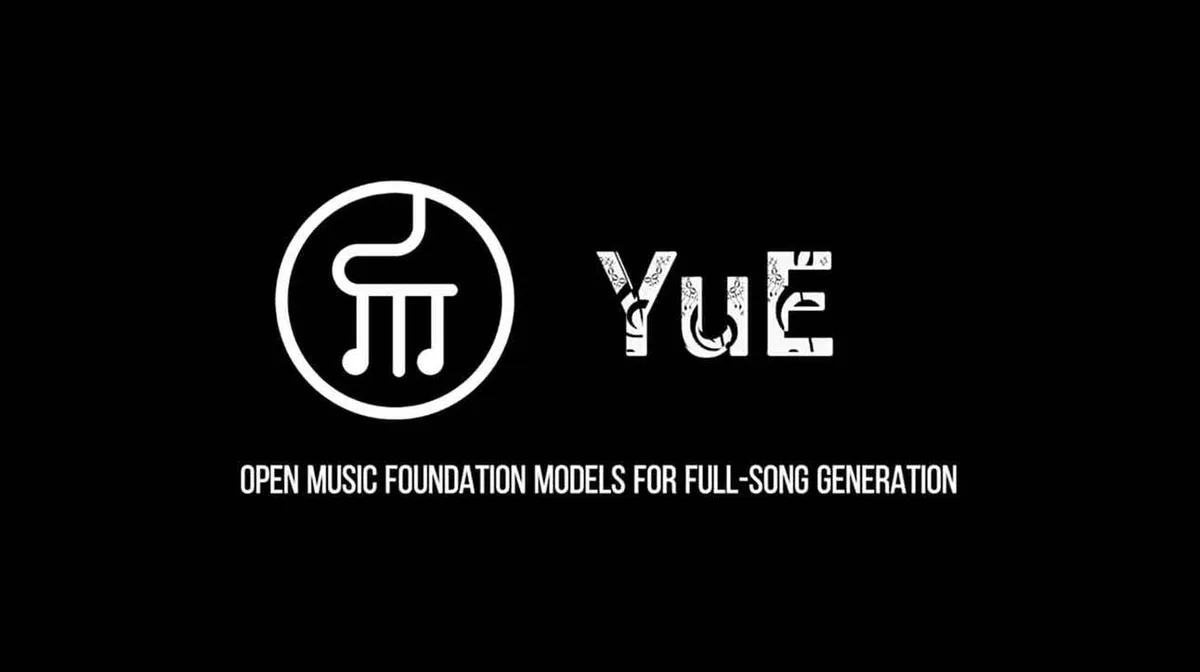 Mustal taustal valge logo ja tekst. Vasakul on muusikalised noodid stiliseeritud ümmarguses raamis. Paremal on tekst "YuÉ". Allosas on väiksemates tähtedes kiri: "OPEN MUSIC FOUNDATION MODELS FOR FULL-SONG GENERATION".